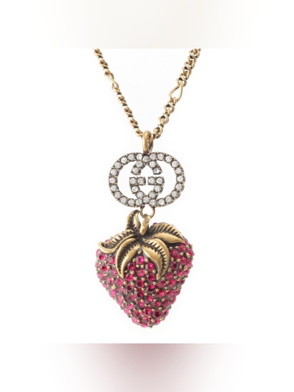 RARE Gucci Strawberry Pendant GG Crystal Antique Finish Necklace!